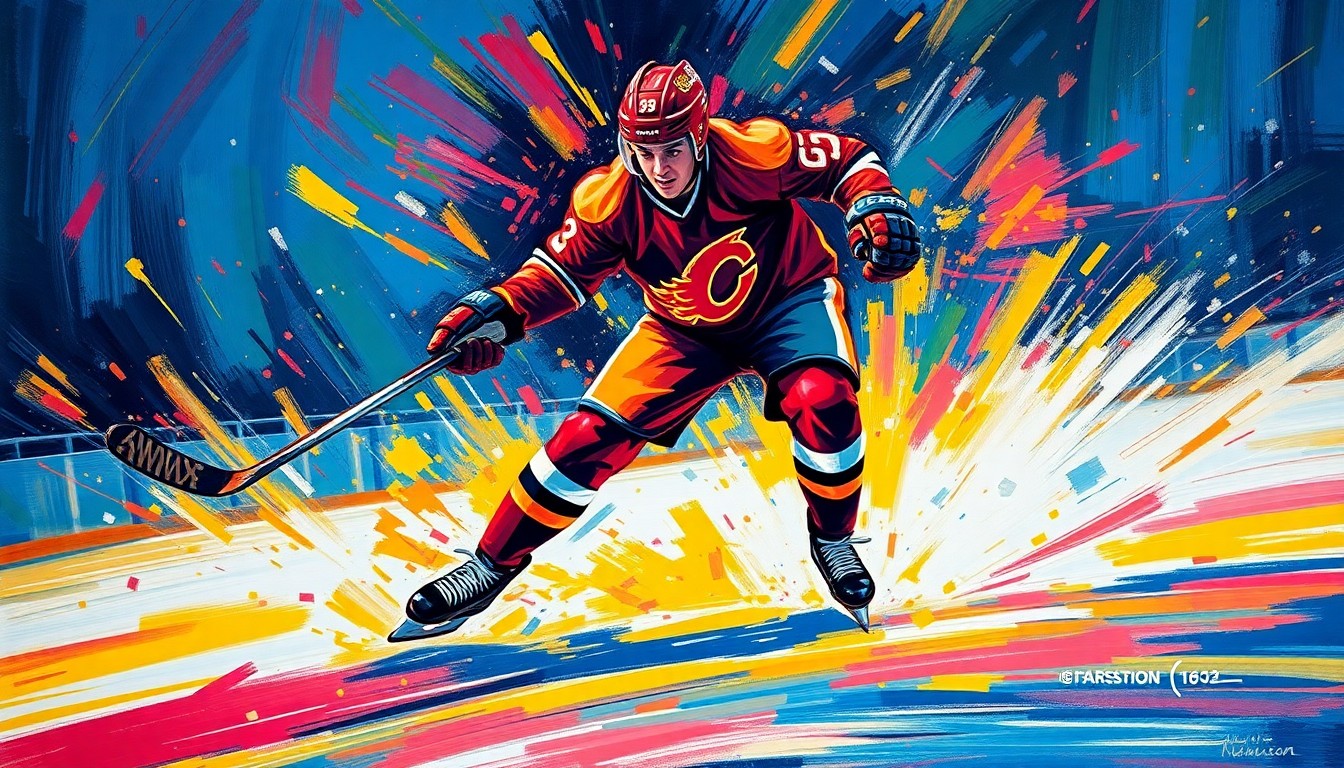 An abstract, energetic painting featuring bold, neon-colored brushstrokes that capture the dynamic motion and intensity of a hockey player scoring a goal, conveying the excitement and significance of the Flyers' playoff victory.