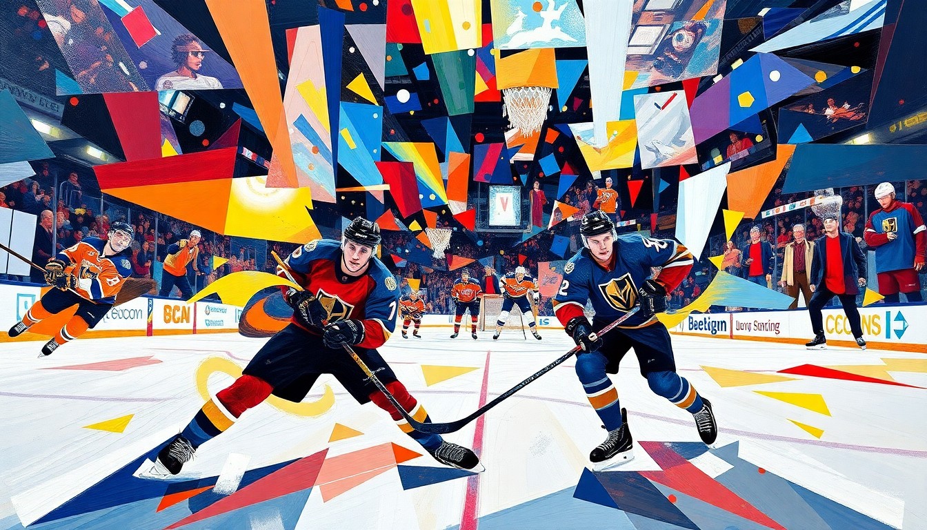 A cubist, geometric painting depicting the chaotic action of an NHL playoff hockey game, with the players and arena environment broken down into overlapping angular shapes and planes in vibrant colors.