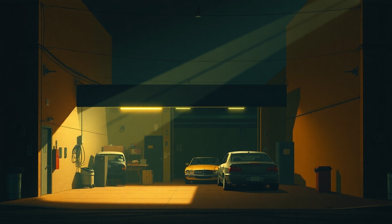 A dimly lit, cinematic painting of a solitary auto repair shop, with warm sunlight streaming in through the windows and deep shadows casting a pensive mood over the scene.