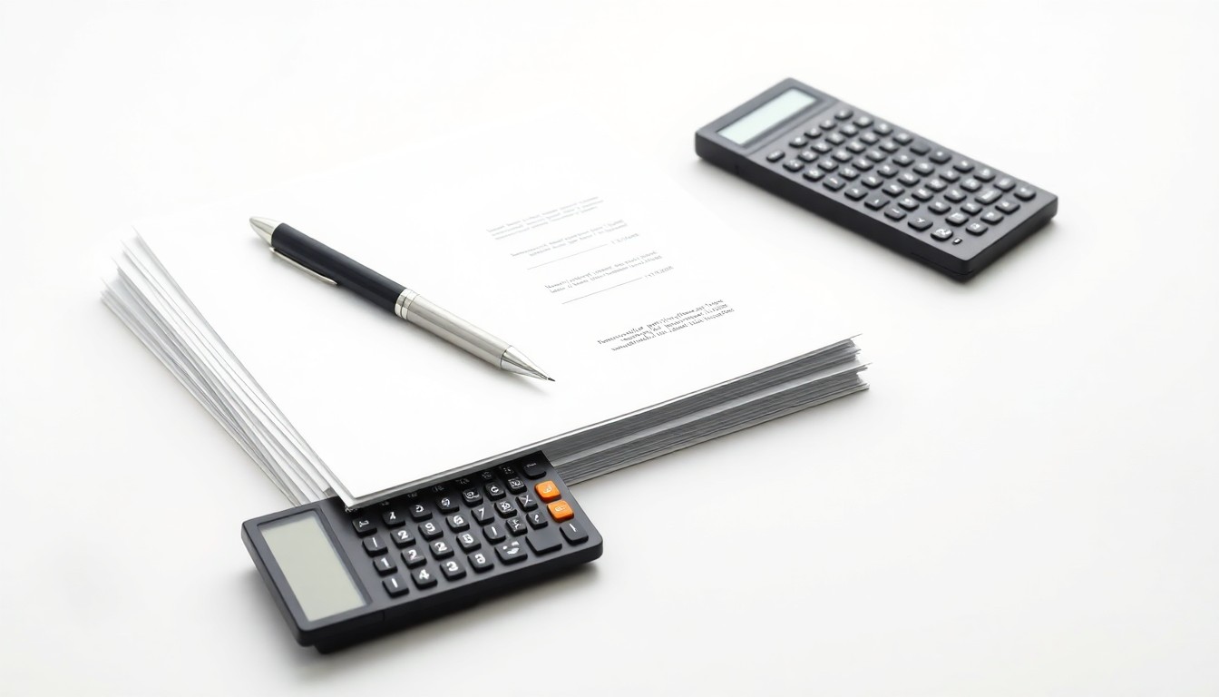 A clean, polished studio photograph featuring a stack of financial documents, a pen, and a calculator arranged on a monochromatic background, symbolizing the abstract concepts of corporate strategy, finance, and risk management.