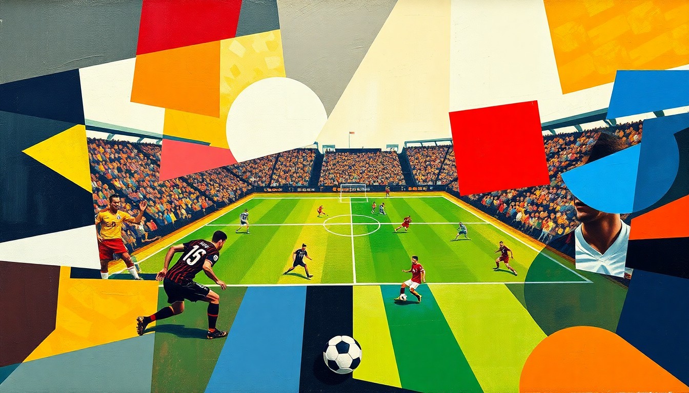 A cubist, geometric painting depicting a football game or match, with players and the field represented through bold, angular shapes and planes of color, without any recognizable faces or logos.