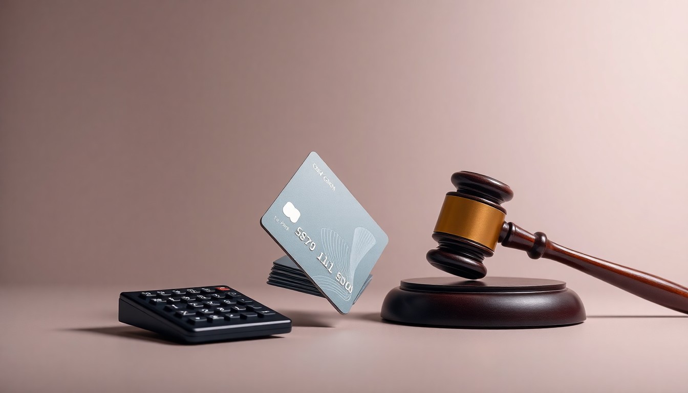 A photorealistic studio still life featuring a stack of credit cards, a calculator, and a gavel floating on a clean, monochromatic background, conceptually representing the abstract corporate strategy and financial risks under investigation.