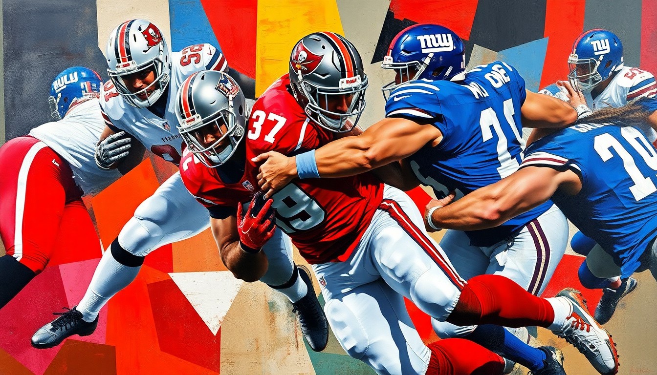 A fractured, geometric painting depicting a defensive tackle making a powerful tackle, with the colors of the Buccaneers and Giants uniforms blending together in an abstract, cubist style.
