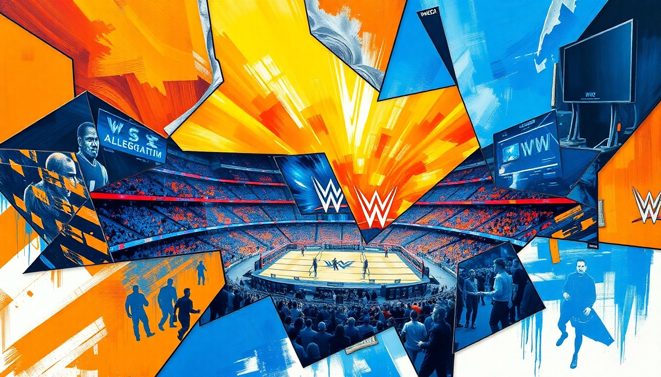 A fractured, cubist-style painting depicting a WWE wrestling event at Allegiant Stadium, with sharp geometric shapes and planes of vibrant colors like blue, orange, and silver, capturing the raw energy and dynamism of the sport.