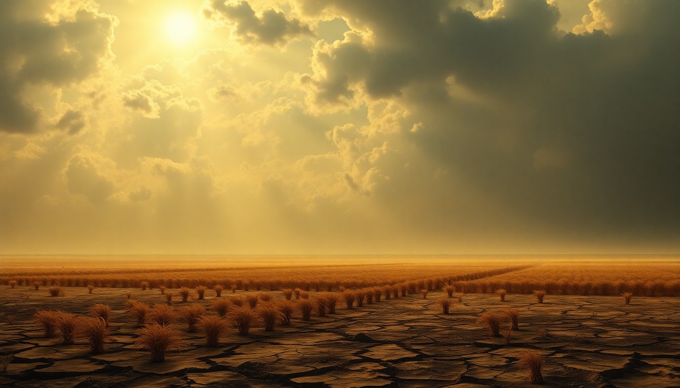A sweeping, atmospheric landscape painting in muted earth tones, with a vast, hazy sky looming over a dry, cracked field, conveying the melancholic grandeur of a severe drought.