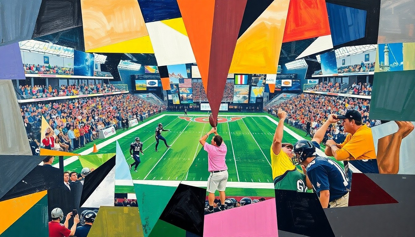 A fragmented, geometric painting depicting the various elements of an NFL draft, including players, coaches, and team executives, all rendered in an abstract cubist style.