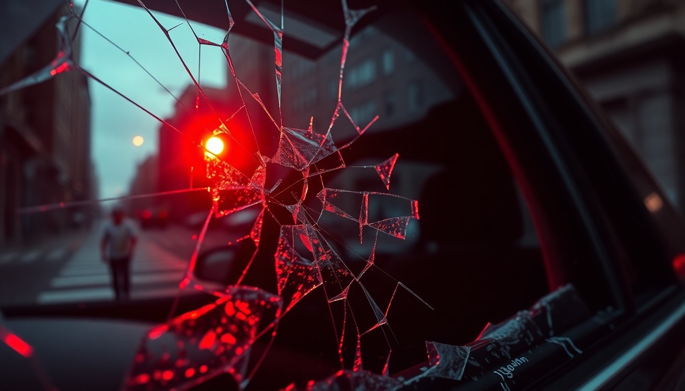 An extreme close-up photograph of shattered car window glass reflecting a single red police light, conveying the gritty aftermath of a violent incident in an urban setting.