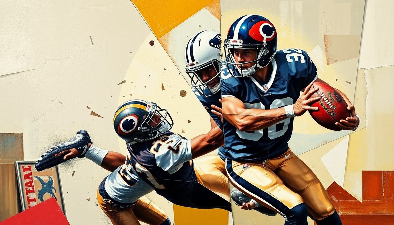 A cubist, geometric painting depicting a football player making an interplay, with sharp, overlapping planes of color representing the dynamic action.