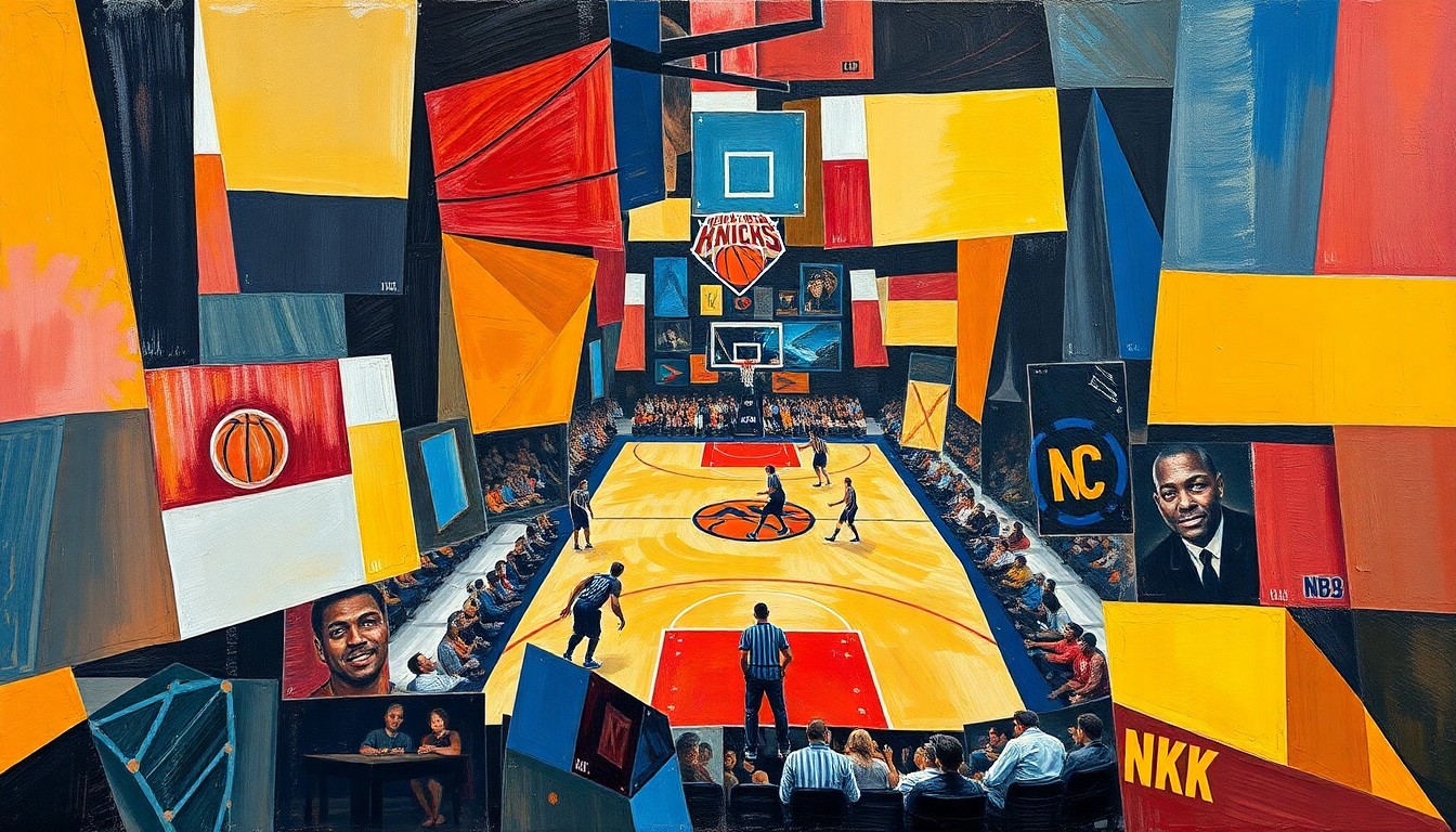 A cubist, geometric painting depicting a basketball game, with the players and court fragmented into sharp, overlapping shapes and planes in a vibrant color palette, capturing the intensity and competitiveness of the playoff matchup.