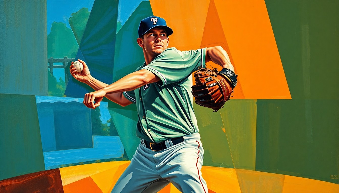 A cubist, geometric painting depicting a baseball pitcher's windup and delivery broken down into overlapping planes of color, conveying the progress and potential return of injured Angels pitchers.