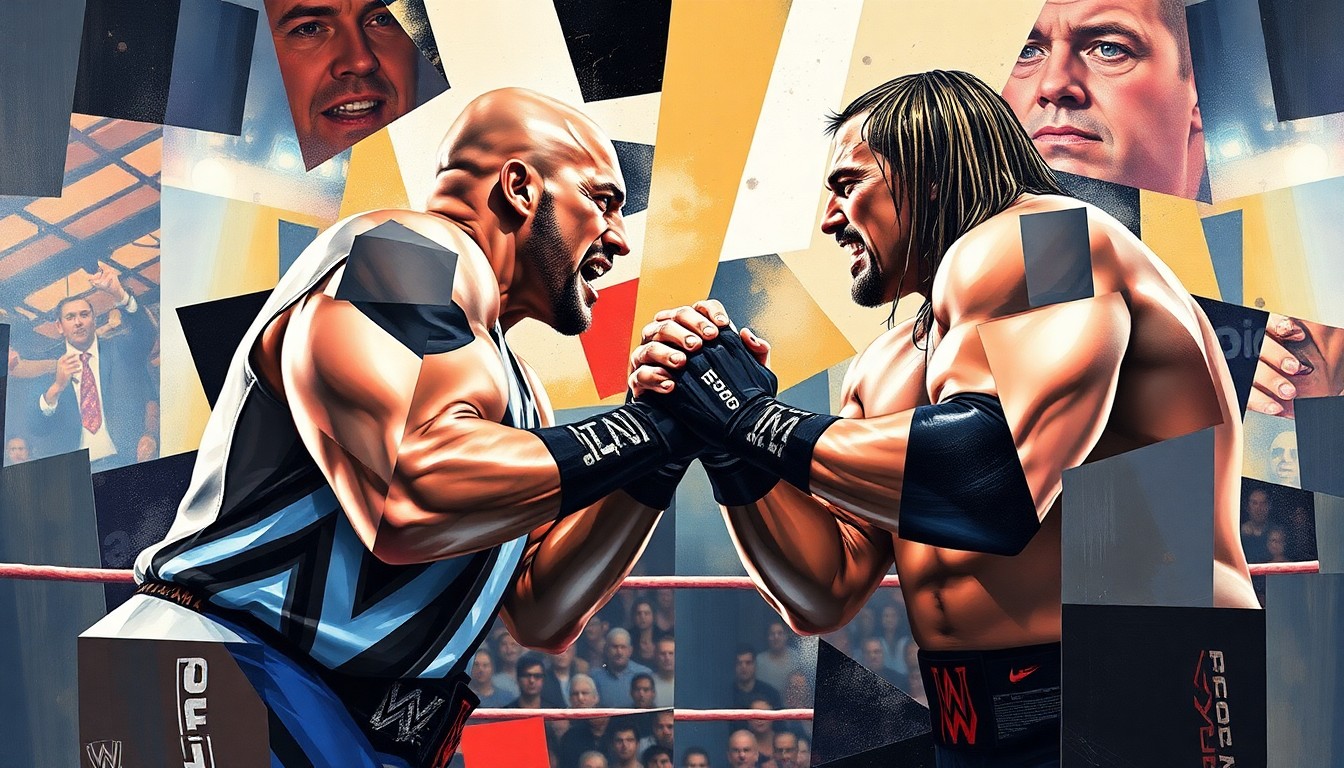 A fragmented, geometric painting depicting the action and intensity of the WrestleMania 42 main event match between Cody Rhodes and Randy Orton, conceptually representing the consequences of the hard-fought battle.