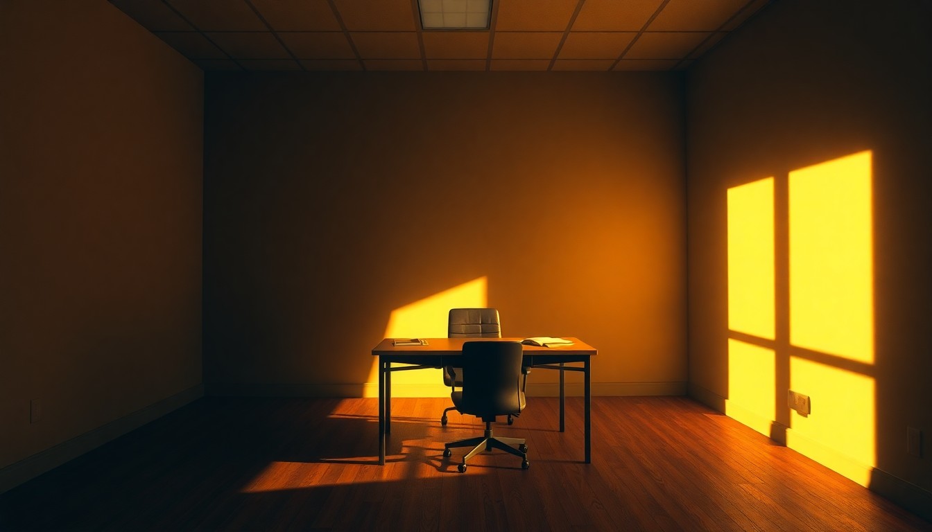 A dimly lit government office desk in warm, diagonal sunlight and deep shadows, conveying the financial constraints of state governments.