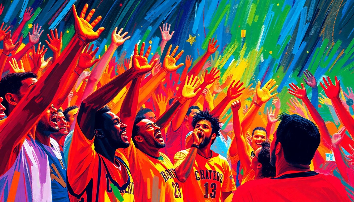 An abstract, expressionistic painting featuring bold, sweeping brushstrokes in neon shades of blue, orange, and green, capturing the raw, passionate energy of a basketball crowd cheering and chanting.