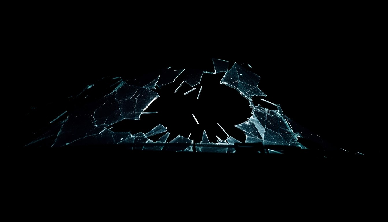 An extreme close-up photograph of shattered vehicle glass reflecting a faint light, conceptually illustrating the aftermath of a fatal single-vehicle crash.