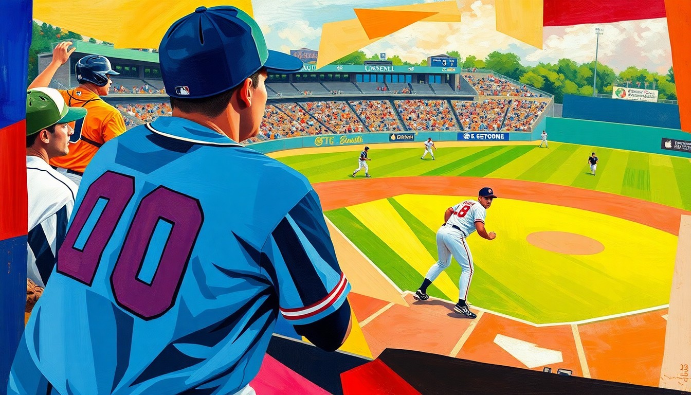 A cubist, geometric painting depicting a baseball game in motion, with overlapping shapes and planes of bright team colors representing the action on the field.