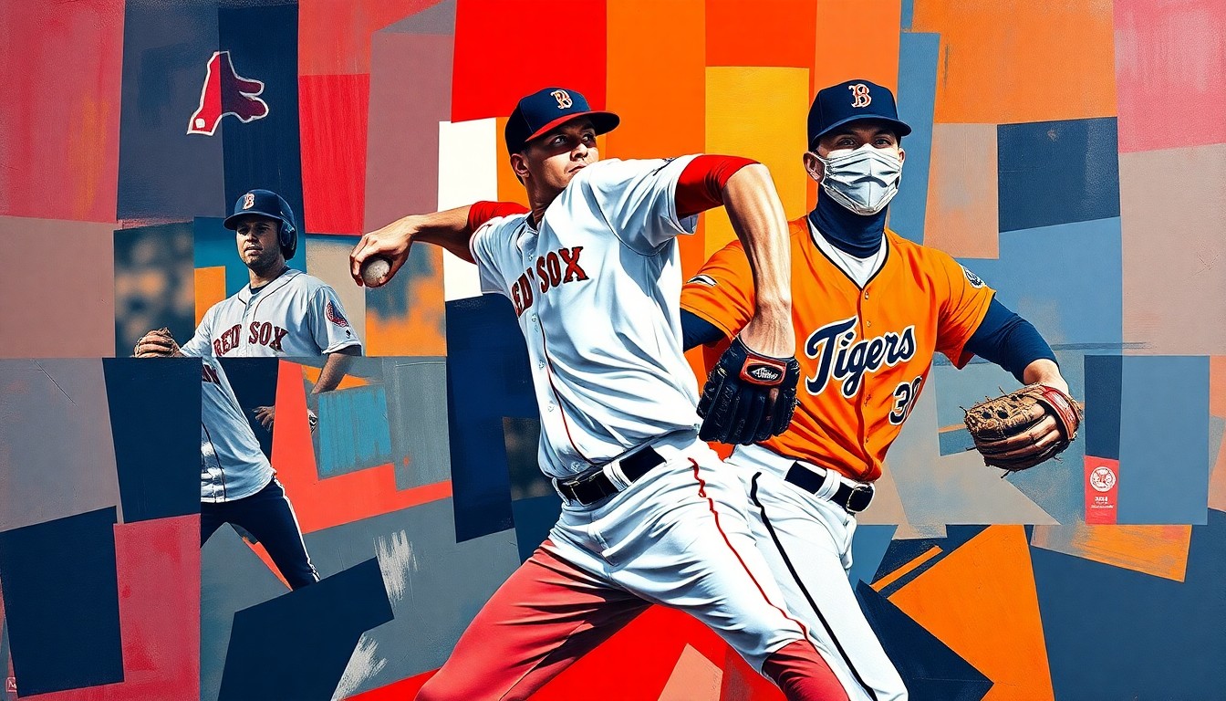 A fragmented, geometric painting depicting the various angles and planes of a baseball pitcher's windup and delivery, with the vibrant colors of the Red Sox and Tigers uniforms.