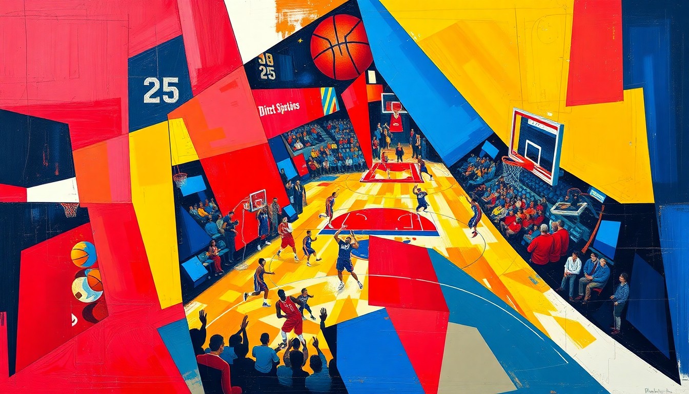 A cubist, geometric painting depicting a basketball game in motion, with overlapping planes of bright primary colors representing the energy and intensity of the playoff matchup.