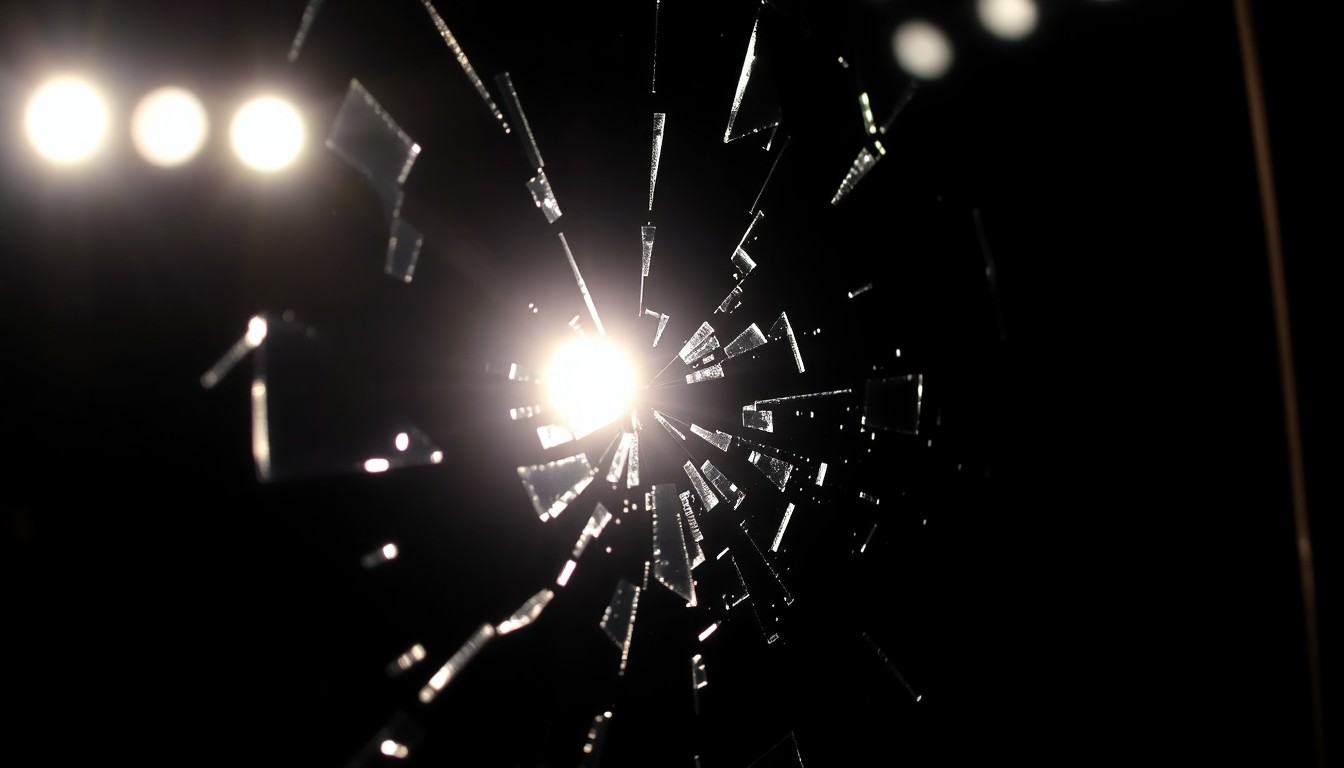 An extreme close-up of a shattered mirror reflecting a single bright spotlight, creating a dramatic, high-contrast image that conceptually represents the glamour and drama of the entertainment industry.