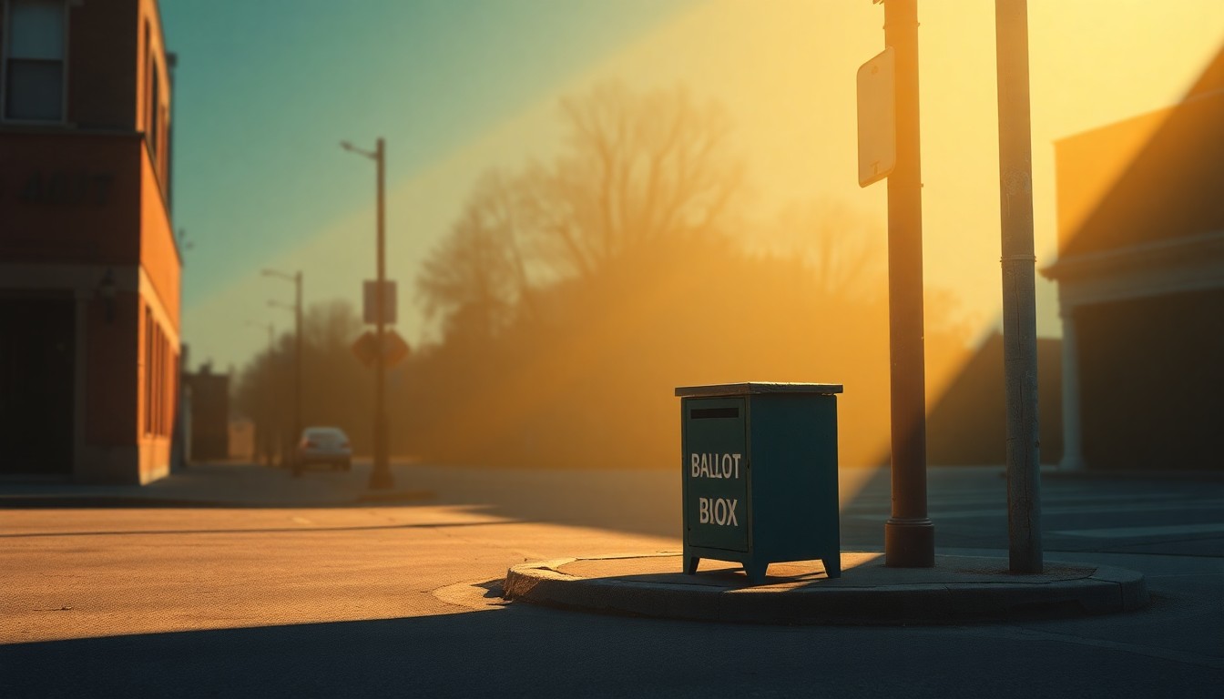 A close-up view of an old, worn ballot box sitting alone on an empty city street, the box's surface reflecting the warm, angled sunlight and deep shadows that create a sense of solemnity and nostalgia.