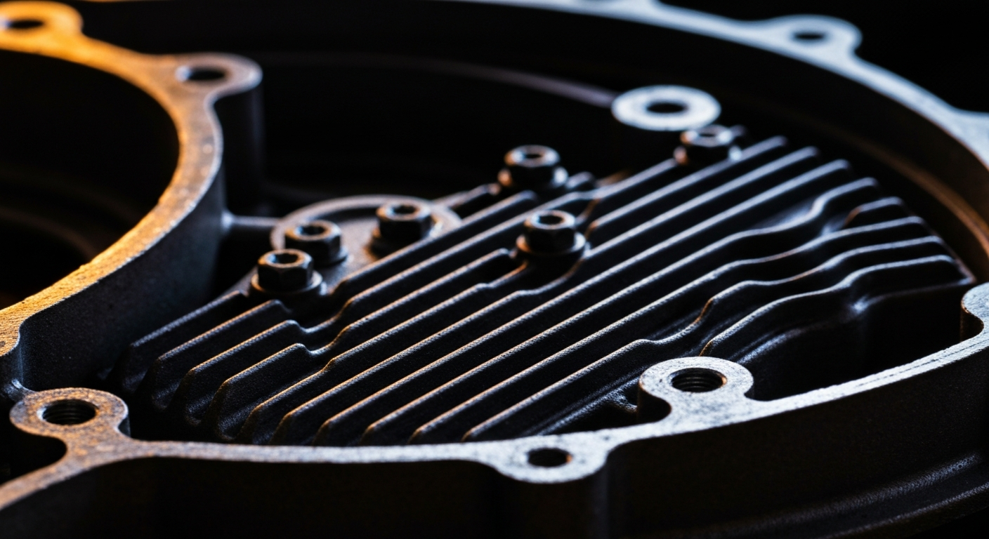 An extreme close-up photograph of the textured surface of an automobile engine part or tool, capturing the intricate patterns and colors that reflect the craftsmanship and care put into vehicle maintenance at Charlies Auto Repair.