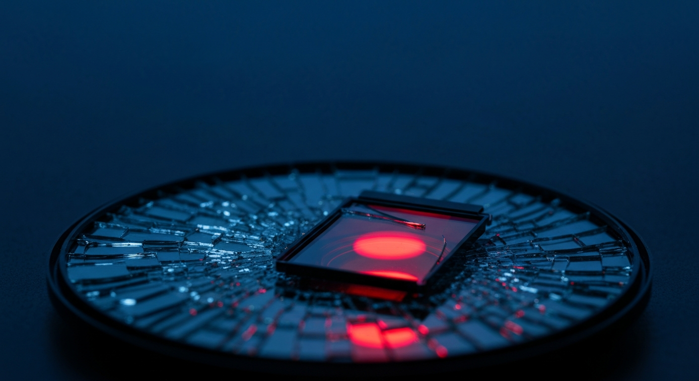 An extreme close-up of a shattered car sensor lens reflecting a faint red light, conceptually illustrating the vandalism of self-driving cars.