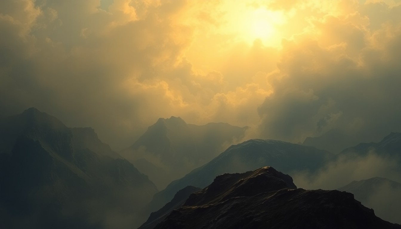 A vast, majestic landscape painting in muted tones, with dramatic lighting and deep perspective, conveying the overwhelming scale and sublime beauty of Galveston's natural environment.