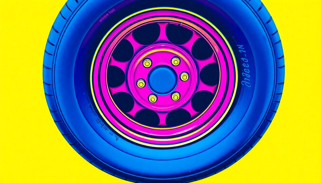 A bold, colorful silkscreen-style illustration featuring a repeating pattern of a classic car tire in vibrant shades of blue, pink, and yellow, capturing the spirit of a community-focused auto shop's long-standing legacy.
