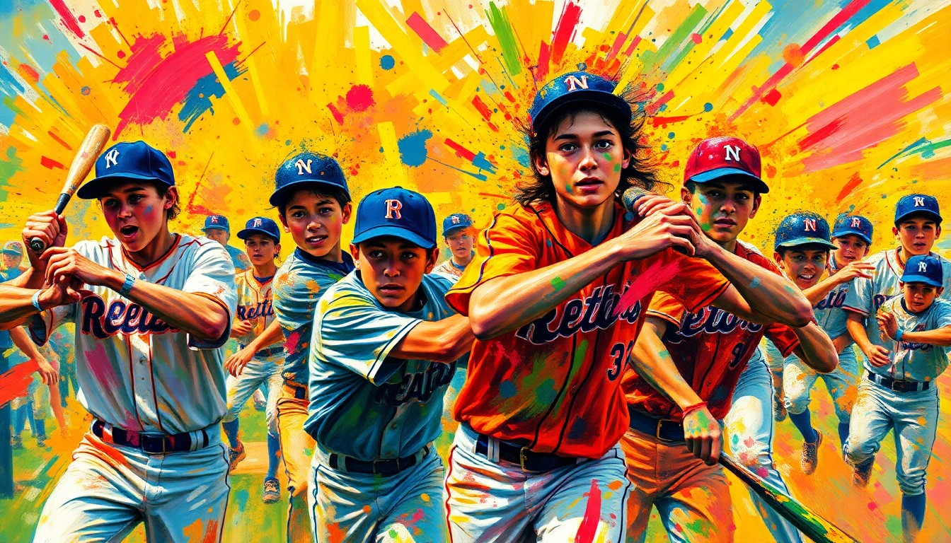 An abstract, energetic painting in vibrant neon colors, capturing the raw movement and intensity of a high school baseball game with players' forms dissolving into expressive brushstrokes.