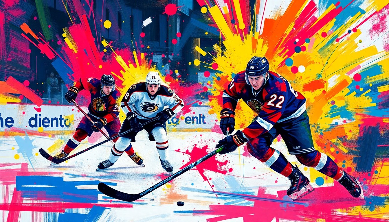 An abstract, expressionist painting featuring vibrant neon brushstrokes and splatters of color that capture the raw intensity and movement of a hockey game, with the players' forms dissolved into unrecognizable shapes.