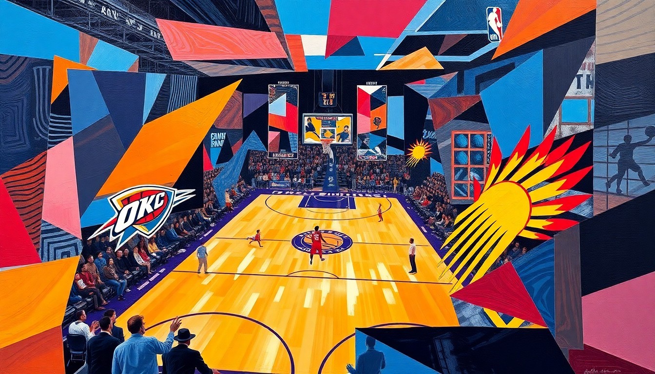 A cubist, geometric painting depicting a basketball game, with the court and players broken down into sharp, overlapping shapes in the team colors of the Oklahoma City Thunder and Phoenix Suns.