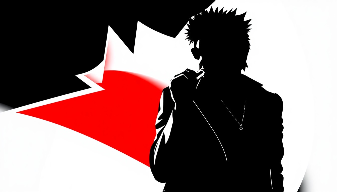 A bold, abstract illustration featuring stark, jagged geometric shapes in high-contrast red and white, representing the energy and excitement of the musical collaboration between Sombr and Billy Idol at Coachella.