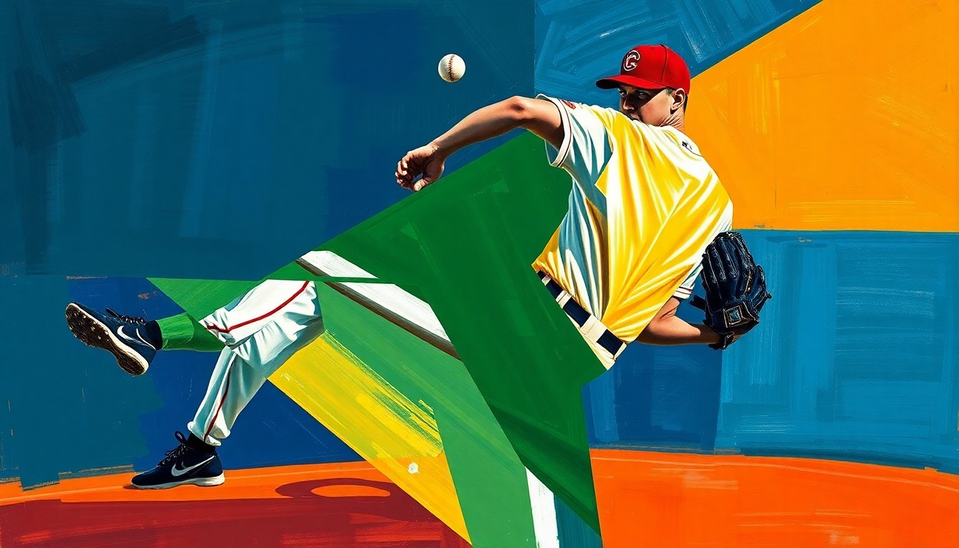 A fragmented, geometric painting depicting a baseball pitcher's windup and delivery from multiple perspectives, using bold colors and sharp, overlapping shapes to convey the energy and movement of the sport.