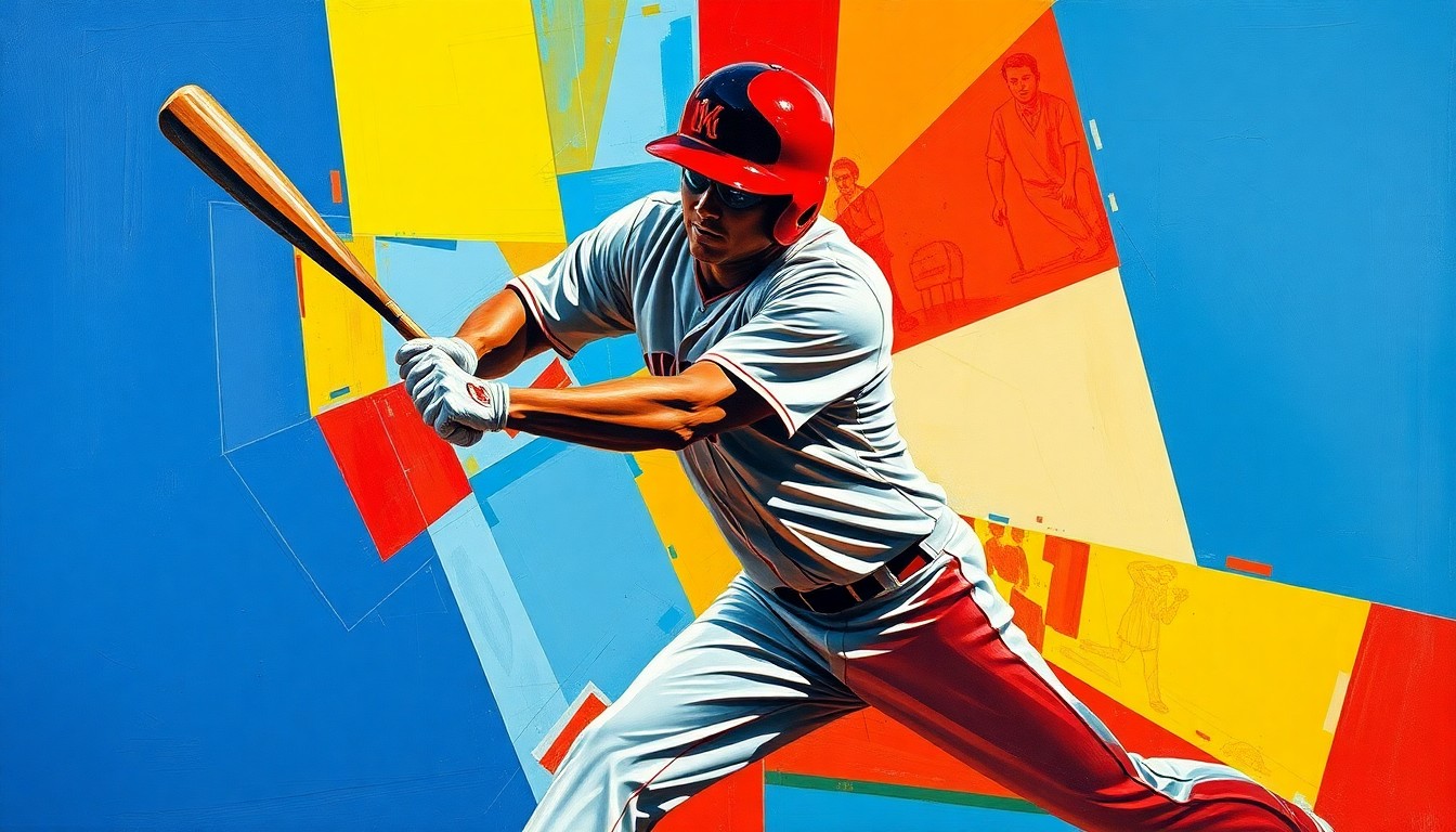 A fragmented, geometric painting depicting the overlapping motions of a baseball player in the midst of a fielding or batting action, rendered in a vibrant color palette.
