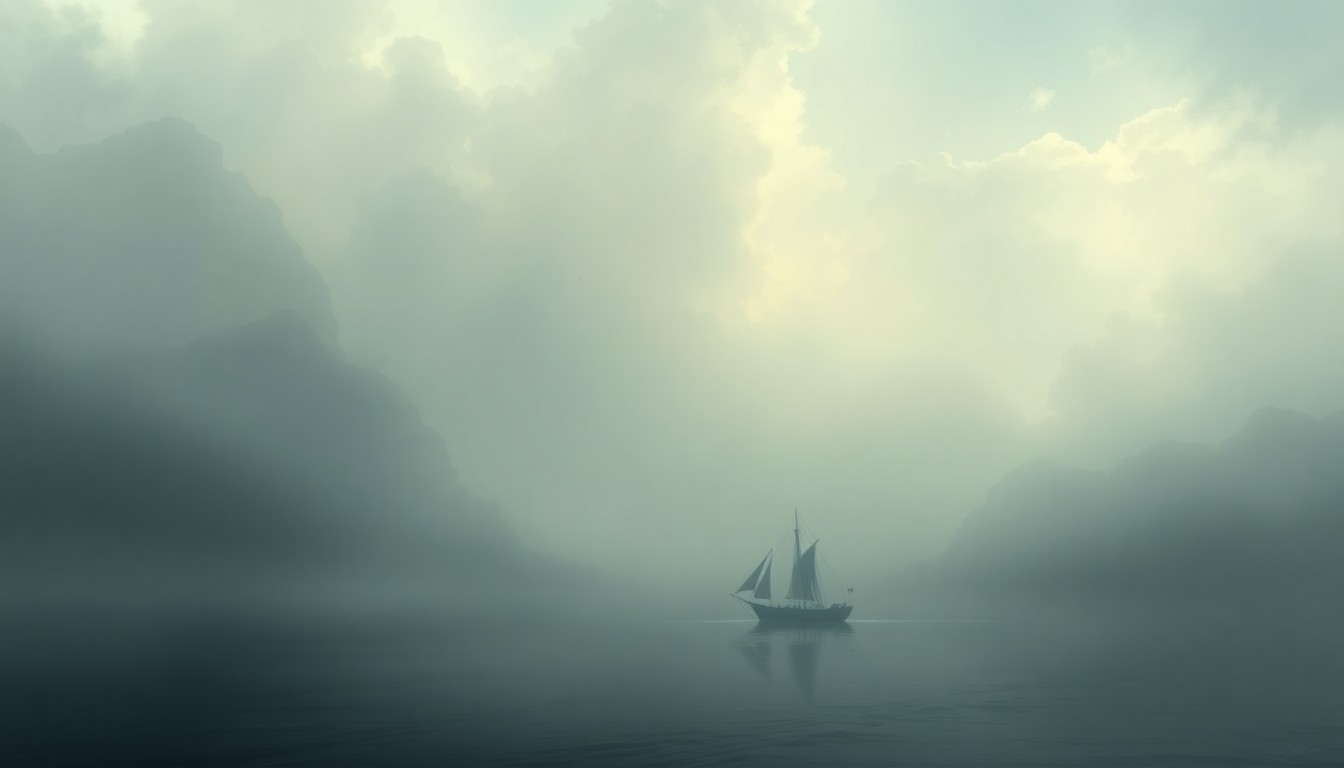 A vast, atmospheric landscape painting in muted tones of grey, blue, and green, depicting a small boat drifting on a calm, fog-shrouded waterway, conveying a sense of the overwhelming power and mystery of the natural world.