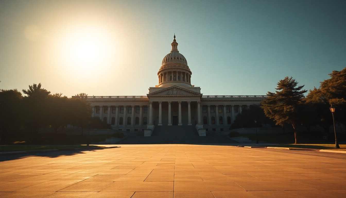 A quiet, cinematic painting of the California state capitol building, with the structure bathed in warm, diagonal sunlight and deep shadows, conveying a sense of political uncertainty and transition.