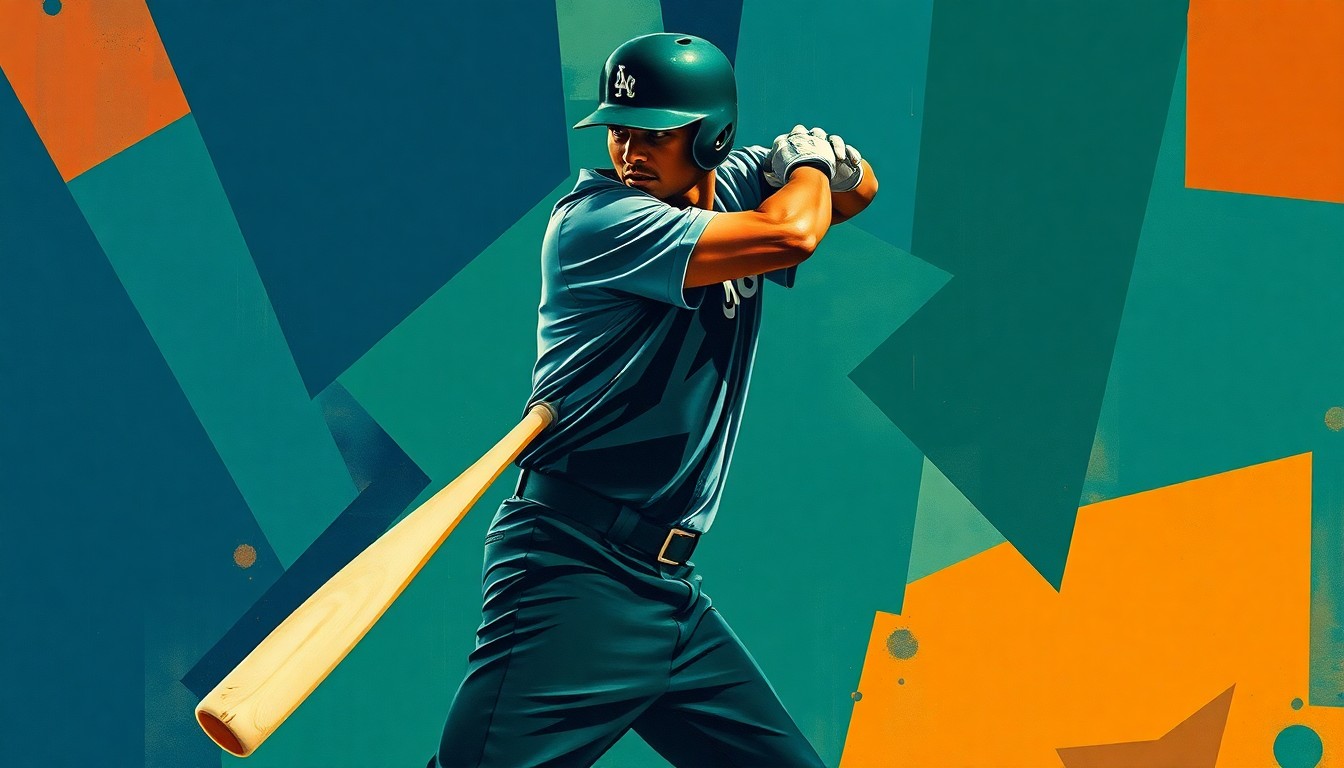 A fragmented, multi-angled painting depicting the various movements and angles of a baseball player's batting stance and swing, rendered in a cubist style using bold, overlapping geometric shapes and planes in a palette of navy, green, and orange.