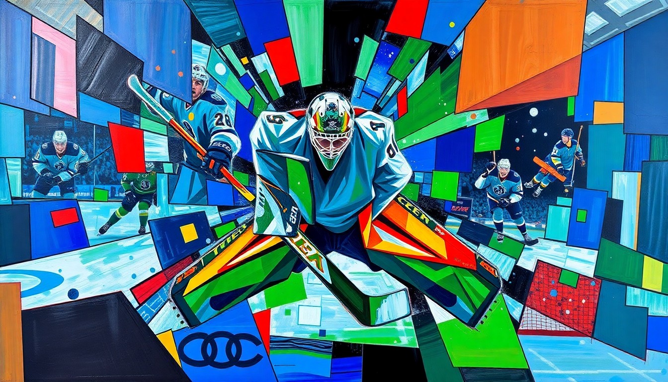 A cubist, geometric painting depicting the chaotic movements and energy of a hockey goaltender during a playoff game, with sharp, overlapping planes of color representing the action on the ice.