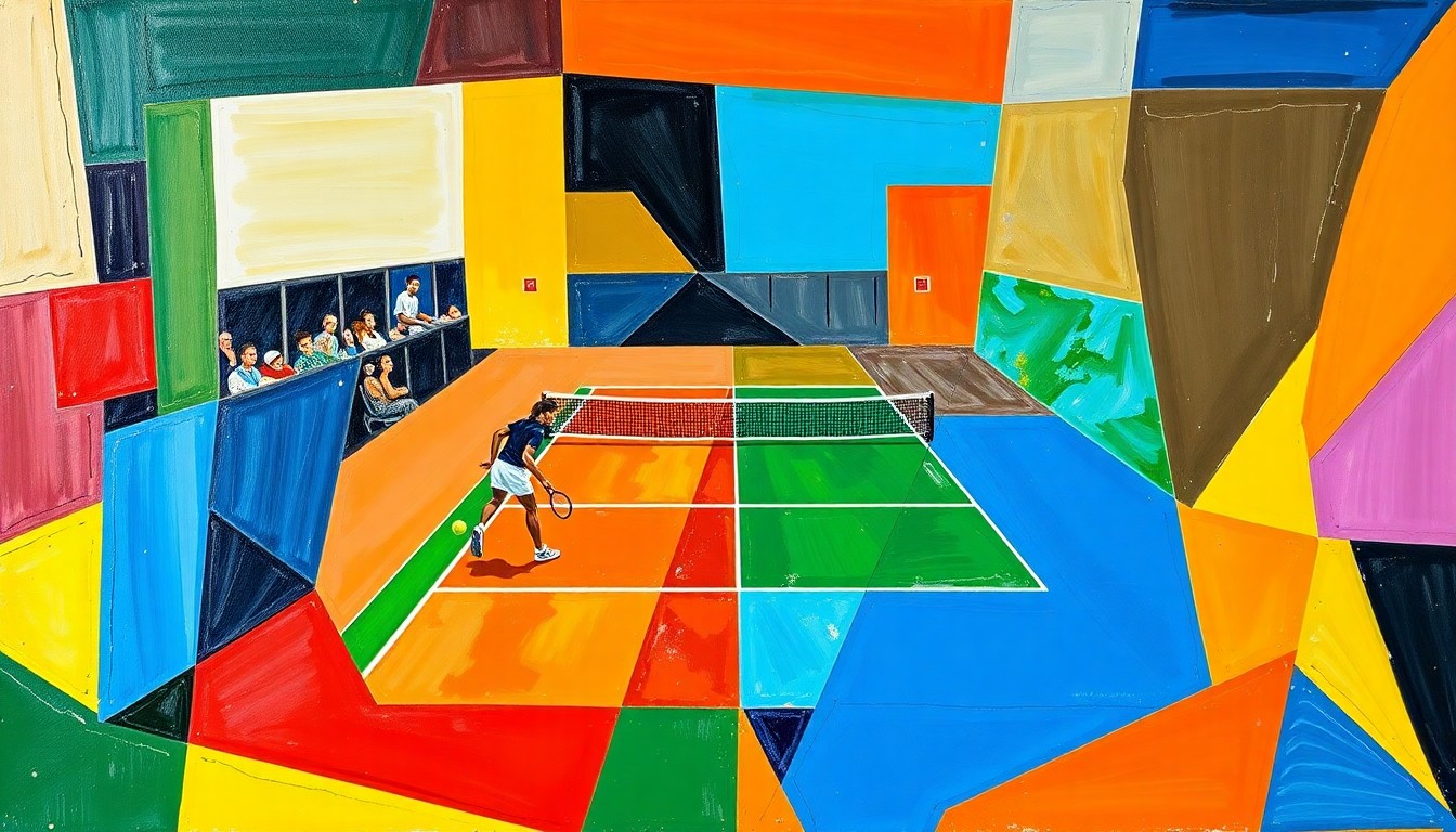 A fragmented, geometric painting in bold primary colors depicting the dynamic action of a mixed doubles tennis match from multiple perspectives.