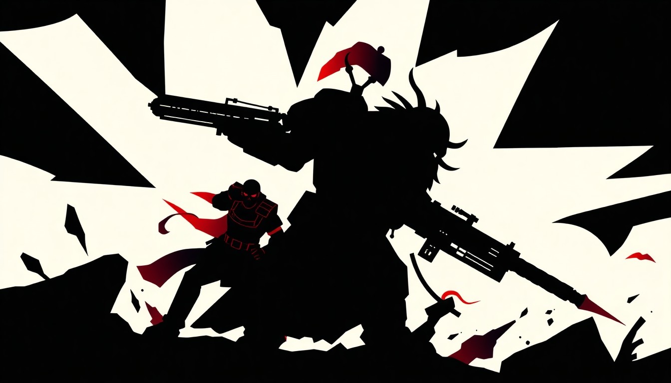 A striking, minimalist illustration featuring the silhouettes of Commissar Yarrick and Wazdakka Gutsmek engaged in battle, rendered in bold, high-contrast shapes and colors that capture the epic scale and intensity of the Warhammer 40K universe.