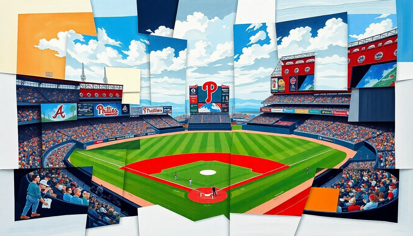 A cubist, geometric painting depicting a baseball game or match, with sharp, overlapping planes of the Braves' navy blue and red colors, as well as the Phillies' red and white colors, creating a dynamic, fragmented visual representation of the sport.