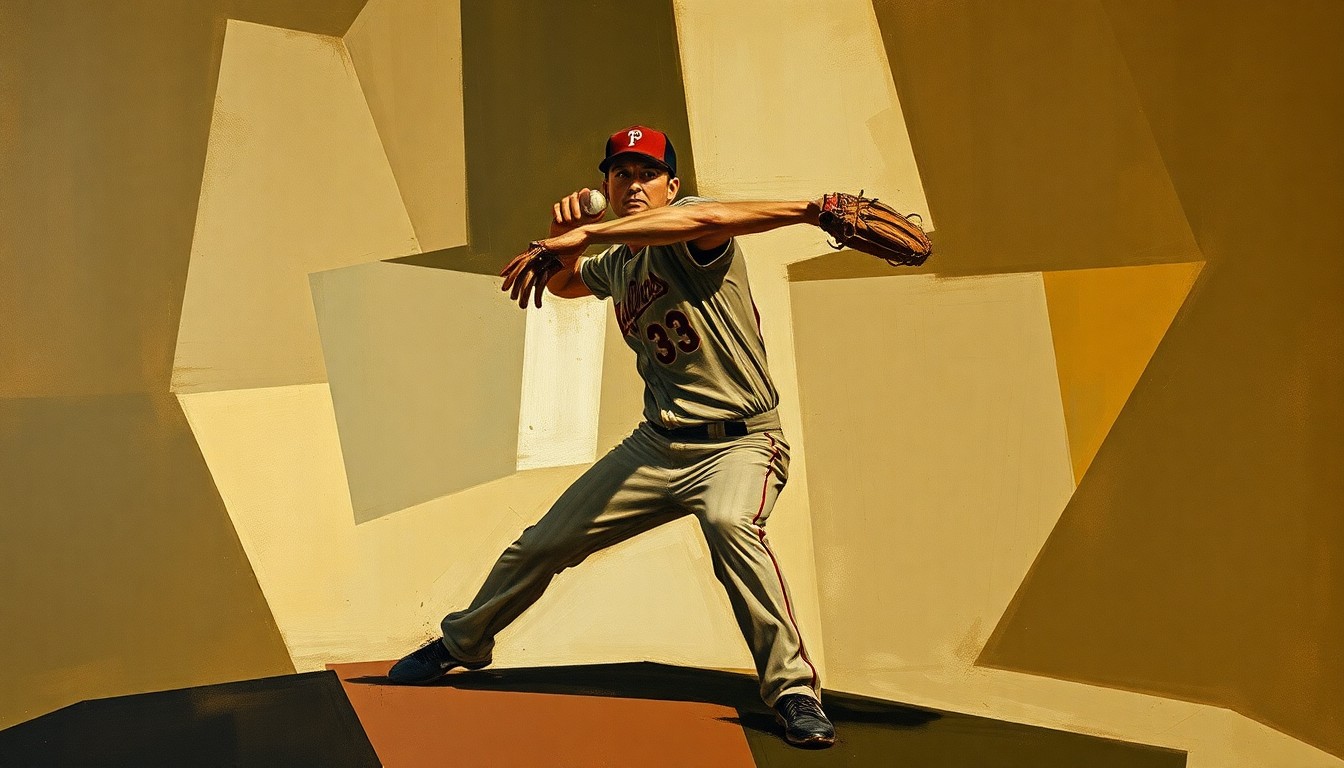 A fragmented, geometric painting depicting a baseball pitcher's motion broken down into sharp, overlapping planes of muted earth tones.