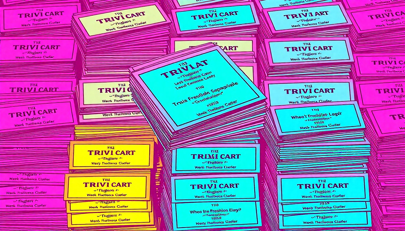 A bold, colorful silkscreen-style illustration featuring a repeating grid of trivia cards in vibrant neon hues, capturing the lively, playful energy of a trivia night event.