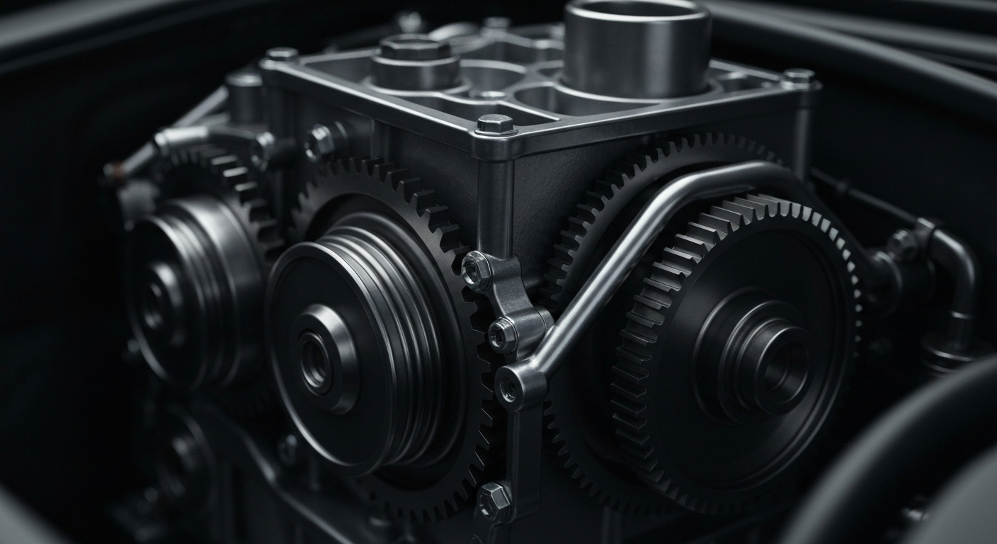 An extreme close-up of the intricate metal components and gears of an automobile engine, conveying the complexity and importance of proper maintenance and repair.