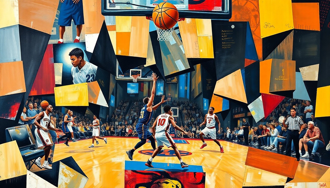 A cubist-style painting depicting a basketball game, with the players and court broken down into overlapping geometric shapes and planes, capturing the dynamic movement and energy of the sport.