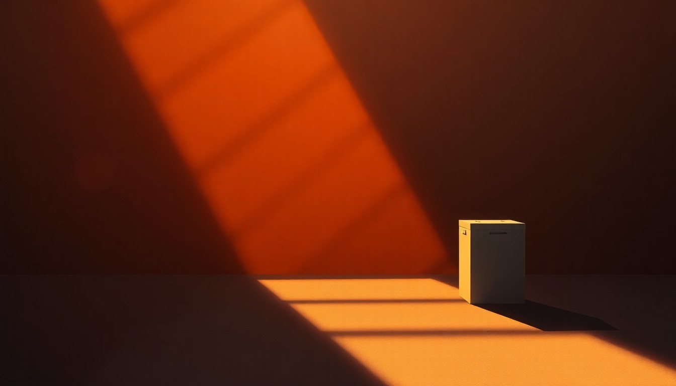A realistic painting of a lone ballot box sitting on a city street, with warm sunlight casting dramatic shadows across the scene, conveying a sense of quiet contemplation about the political tensions surrounding election security.