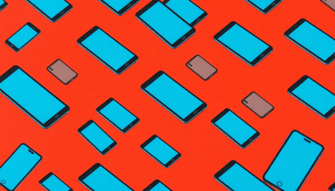 A bold, abstract pop art image composed of a repeating grid of a single smartphone icon rendered in a high-contrast neon color palette, conceptually representing the pervasive issue of distracted driving.