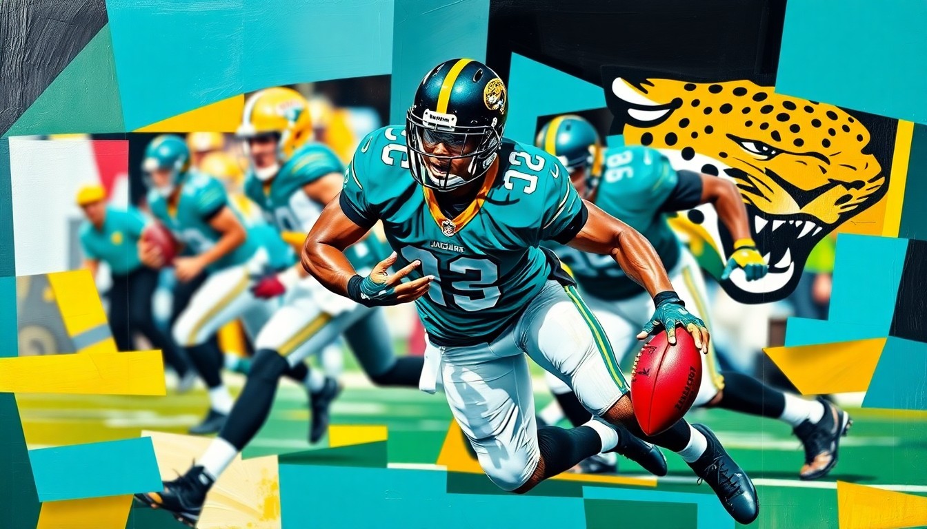 A cubist-style painting depicting a football player in the midst of a pass rush, with their body broken down into sharp, overlapping geometric shapes in the colors of the Jacksonville Jaguars.