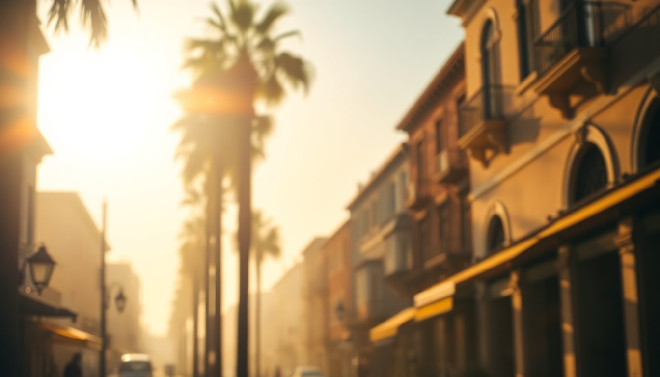 An abstract, impressionistic photograph of a sun-dappled Venice street, with the faint outlines of palm trees and architectural details visible through a hazy, golden veil of light, conveying the warm, relaxed atmosphere of this coastal community.