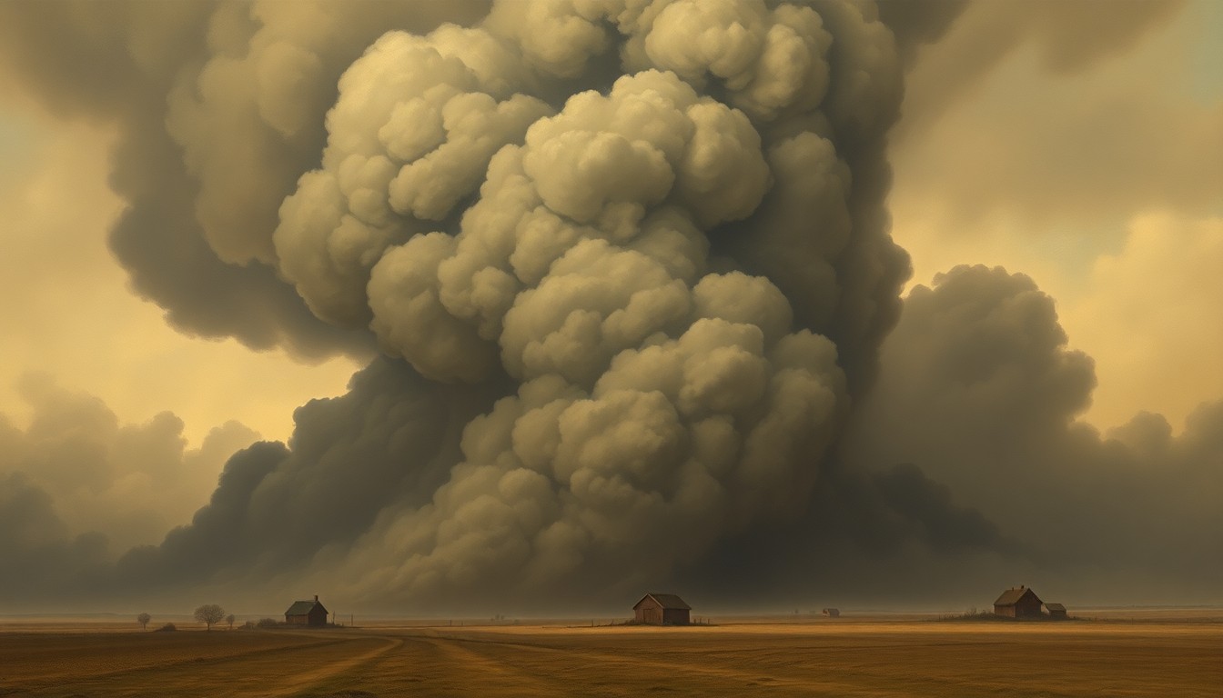 A sweeping, atmospheric landscape painting depicting a massive, billowing plume of dark smoke rising from a distant barn, obscuring the horizon and dwarfing the surrounding rural structures, conveying the overwhelming power and melancholy of a natural disaster.