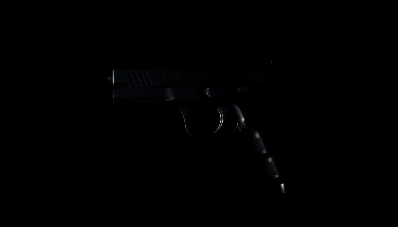 An extreme close-up photograph of a black handgun against a pitch-black background, lit by a harsh, direct camera flash to create a stark, gritty, investigative aesthetic.
